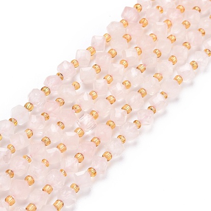 Natural Rose Quartz Beads Strands, with Seed Beads, Faceted, Diagonal Cube Beads