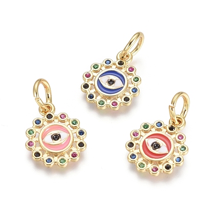 Golden Plated Brass Charms, with Enamel, Cubic Zirconia and Jump Rings, Flower with Evil Eye