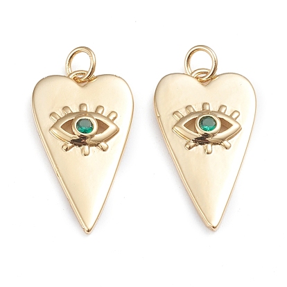 Brass Micro Pave Cubic Zirconia Pendants, with Jump Rings, Long-Lasting Plated, Heart with Evil Eye, Real 18K Gold Plated