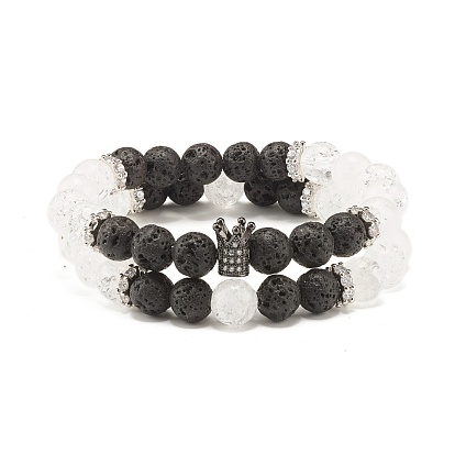 Natural Crackle Quartz & Lava Rock Round Beads Stretch Bracelets Set, Crown Brass Micro Pave Cubic Zirconia Beads Bracelets for Women