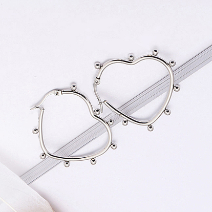 304 Stainless Steel Beaded Heart Hoop Earrings for Women