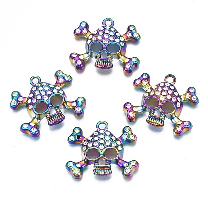 Rack Plating Rainbow Color Alloy Pendants, with Crystal Rhinestone, Cadmium Free & Nickel Free & Lead Free, Skull