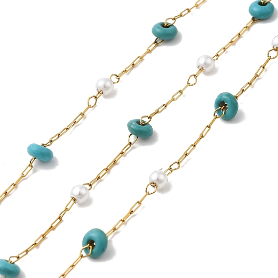 Ручная работа 304 цепочки из нержавеющей стали и синтетической бирюзы, пайки, с 316 кабельными цепочками из нержавеющей стали, абс пластик жемчужина и катушка, ионное покрытие (ip)