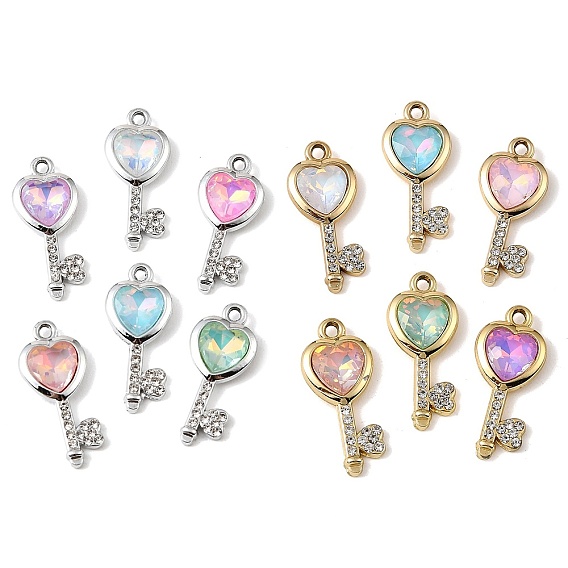 Alloy Rhinestone Pendants, Key Charms, with Glass, UV Plating, Mixed Color