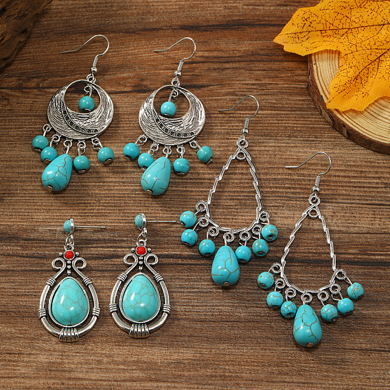 Серьги-подвески из синтетической бирюзы в стиле бохо, винтажные этнические серьги из тибетского сплава