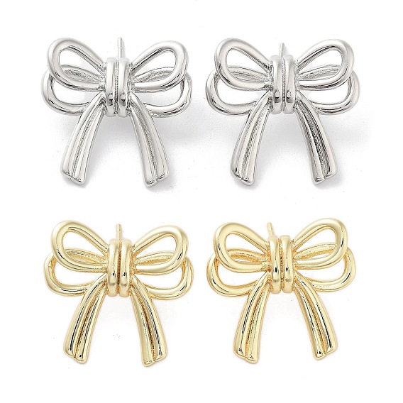 Rack Plating Brass Stud Earring, Cadmium Free & Lead Free, Long-Lasting Plated, Bowknot