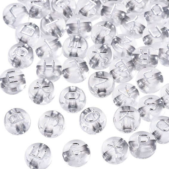 Transparent Acrylic Beads, Metal Enlaced, Flat Round with White Random Letter