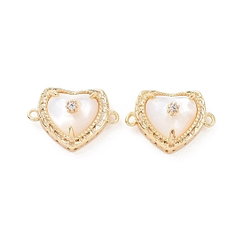 Natural Shell Connector Charms, Heart Links, with Brass Clear Cubic Zirconia Findings