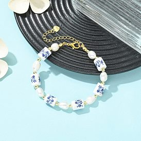 Браслеты для женщин из натурального культивированного пресноводного жемчуга и фарфоровых бусин ручной работы., колонке с цветком, С немагнитным синтетическим гематитом