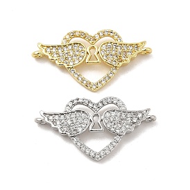 Brass Micro Pave Clear Cubic Zirconia Connector Charms, Heart Links with Wing