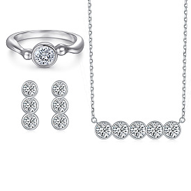 Stylish 925 Silver Jewelry Set with Round Zirconia Stones - Necklace, Ring and Earrings