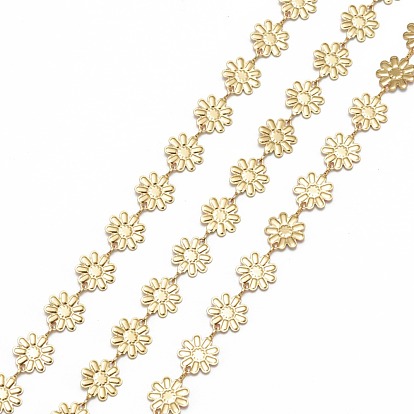 Handmade Golden Brass Enamel Link Chains, with Spool, Unwelded, Long-Lasting Plated, Flower
