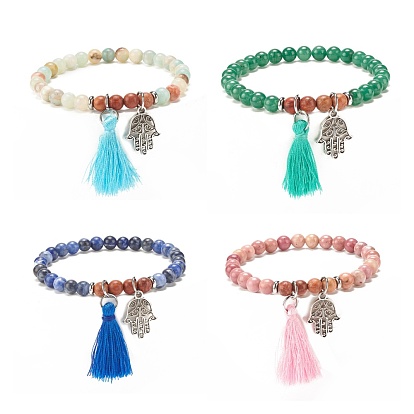Natural Gemstone & Wood Stretch Bracelet, Hamsa Hand Alloy & Polyester Tassel Charm Bracelet for Women
