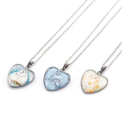 Stainless Steel Pendant Necklaces, with Glass and Alloy Cable Chains, Heart with Pattern, Colorful, Stainless Steel Color