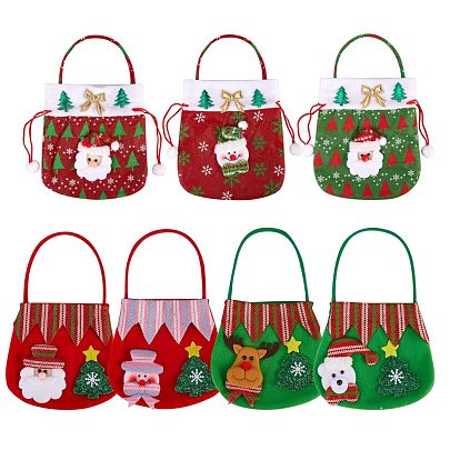 7Pcs 7 Style Christmas Non-woven Fabrics Candy Bags Decorations, with Handle, for Christmas Party Snack Gift Ornaments