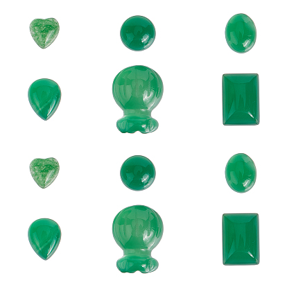 12pcs 6 cabochons d'agate onyx verte naturelle de style, teints et chauffée, larme & ovale & coeur & rectangle & demi-rond & sac chanceux