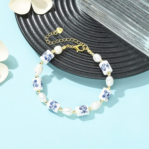 Браслеты для женщин из натурального культивированного пресноводного жемчуга и фарфоровых бусин ручной работы., колонке с цветком, С немагнитным синтетическим гематитом
