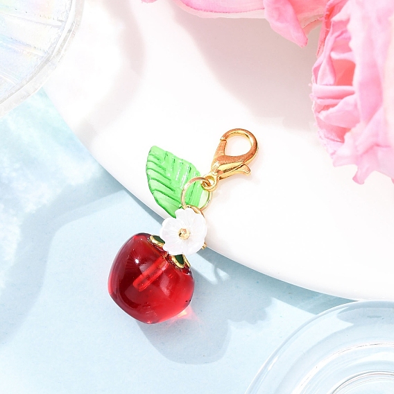 Transparent Glass Apple Pendant Decorations, with Resin Flower Charm and Lobster Claw Clasps