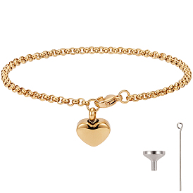 2Pcs Heart Non-Tarnish Stainless Steel Charm Bracelets, Urn Ashes, with 2 Bags 304 Stainless Steel Mini Funnel