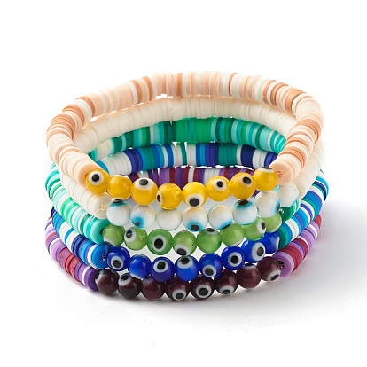 Polymer Clay Heishi Beads Stretch Bracelets Sets, Round Evil Eye Lampwork Beads Protection Lucky Bracelets for Women Girl