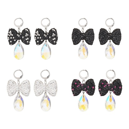 Rhinestone Bowknot with Glass Teardrop Dangle Leverback Earrings, 304 Stainless Steel Earrings