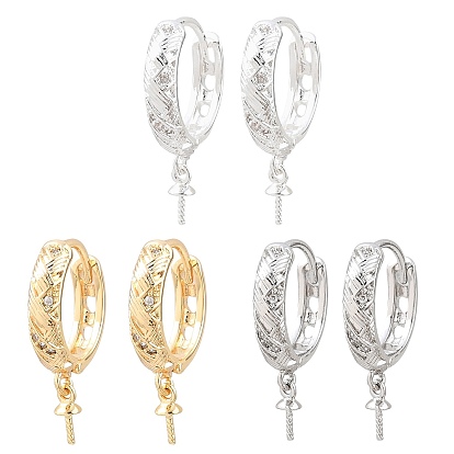 Brass Micro Pave Clear Cubic Zirconia Huggie Hoop Earring Findings, for Half Drilled Beads, Rack Plating, Long-lasting Plated