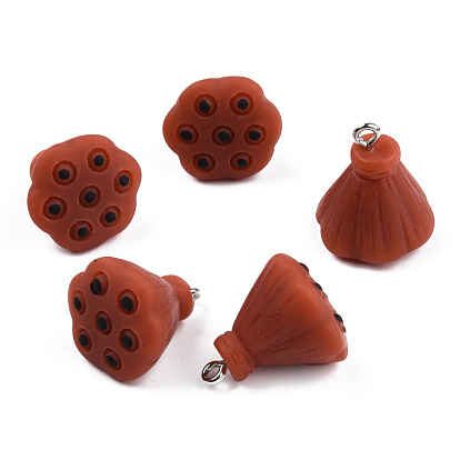 Opaque Resin Pendants, with Platinum Plated Iron Loops, Lotus Pod Charm