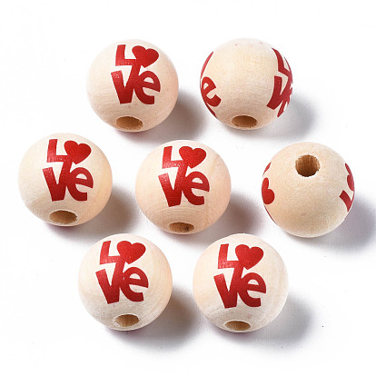 Unfinished Natural Wood European Beads, Large Hole Beads, Printed, Round with Love