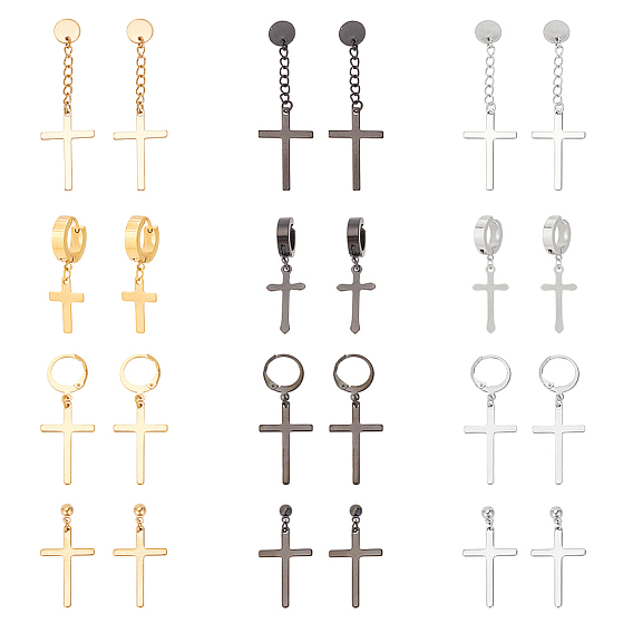 24шт. 12 стиль 304 серьги-подвески из нержавеющей стали, серьги-гвоздики с подвесками и кольцами для женщин