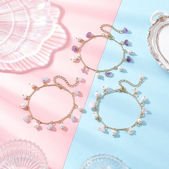 3шт. браслеты с подвесками из натуральных смешанных драгоценных камней и стеклянных ракушек, латунные звенья цепи браслеты для женщин
