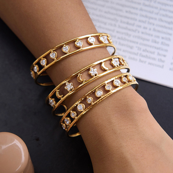 304 Brazaletes de acero inoxidable con circonitas cúbicas transparentes y diseño calado para mujer, real 18 k chapado en oro