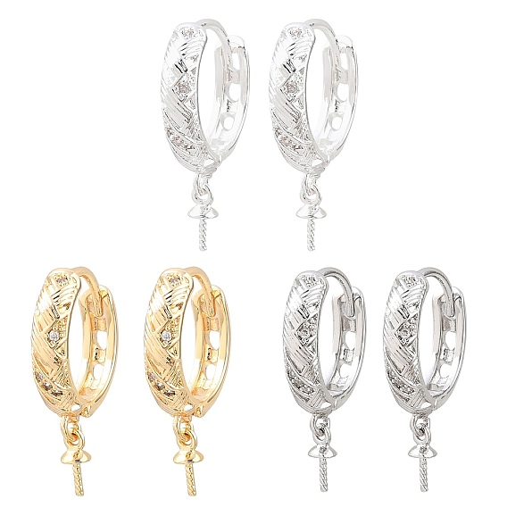 Micro pavé de latón, circonita cúbica transparente, pendientes de aro huggie, por medio perforó perlas, chapado en rack, larga duración plateado