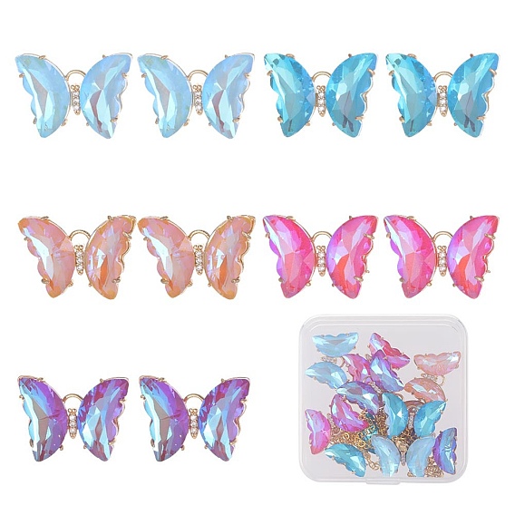10 шт 5 цвета гальванопокрытие к9 стеклянные подвески, с фурнитурой из латуни с покрытием из светлого золота и прозрачным кубическим цирконием, граненые, бабочки прелести, без кадмия и без свинца