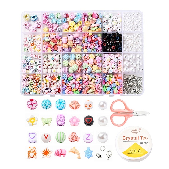 DIY Bracelet Jewelry Finding Kit, Bear & Animal & Geometry Acrylic Beads and 98Pcs Round Imitation Pearl Beads, Elastic Stretch Thread, Iron Findings, Zinc Alloy Clasps and Stainless Steel Scissors