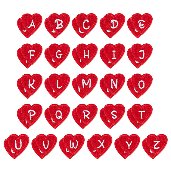 52piezas 2bolsas parches de ropa de poliéster, corazón con letra a~z