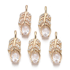 Brass Micro Pave Cubic Zirconia Pendants, Long-Lasting Plated, Feather with Teardrop, Light Gold