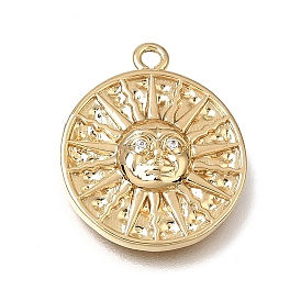 Brass Micro Pave Clear Cubic Zirconia Pendants, Flat Round with Sun Face Charms