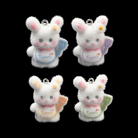 Flocky Opaque Resin Pendants, with Platinum Iron Loops, Rabbit Charms