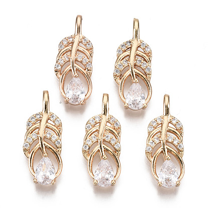 Brass Micro Pave Cubic Zirconia Pendants, Long-Lasting Plated, Feather with Teardrop, Light Gold