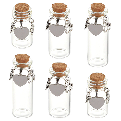 6шт 3 стили прозрачные стеклянные трубки бутылки желаний, с подвесками в виде крыльев в виде сердца и собачьей лапы из сплава и нержавеющей стали и пробковой пробкой, для золы из костей домашних животных