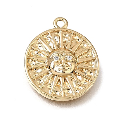 Brass Micro Pave Clear Cubic Zirconia Pendants, Flat Round with Sun Face Charms