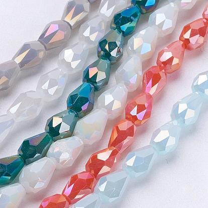 Electroplate Glass Beads Strands, Imitation Jade Beads, Faceted, Drop