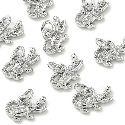 SHEGRACE Brass Micro Pave Clear Cubic Zirconia Pendants, Cadmium Free & Nickel Free & Lead Free, Crocodile Charms
