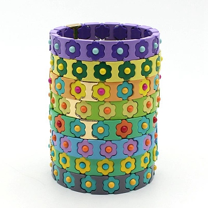 Alloy Flower Beaded Stretch Bracelet, Stackable Tile Bracelet for Women