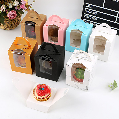 Foldable Individual Kraft Paper Cake Box, Bakery Single Cupcake Packing Box, Rectangle with Clear Window and Handle