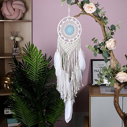Iron Bohemian Woven Web/Net with Feather Macrame Wall Hanging Decorations, for Home Bedroom Decorations
