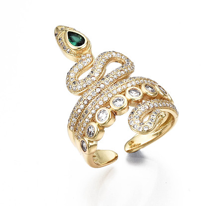 Brass Micro Pave Cubic Zirconia Wide Band Rings, Cuff Rings, Open Rings, Nickel Free, Snake, Green