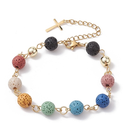 Bracelet de perles rondes en pierre de lave naturelle teinte, bracelet thème chakra