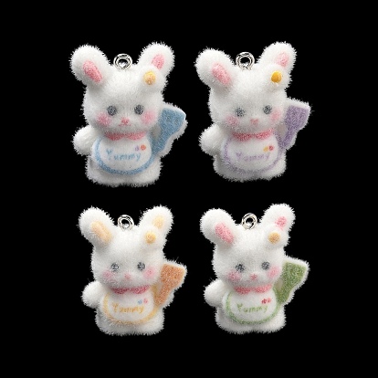 Flocky Opaque Resin Pendants, with Platinum Iron Loops, Rabbit Charms