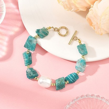 Raw Natural Amazonite and Oval Shell Pearl Beaded Bracelets, with 304 Stainless Steel Toggle Clasps, Nuggets